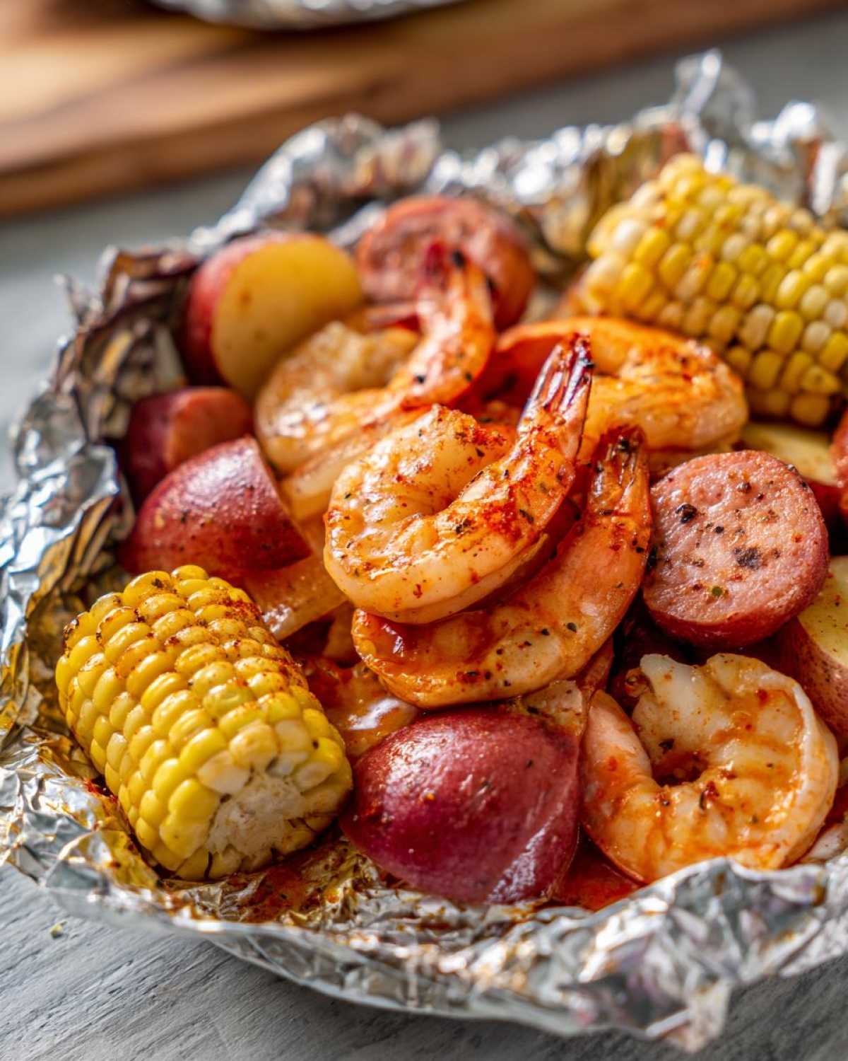Close-up of seasoned Shrimp Boil Foil Packets contents: cooked shrimp, corn on the cob, red potatoes, and sausage slices.