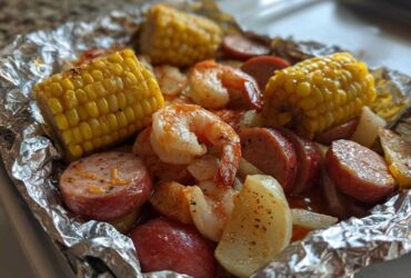 Close-up of cooked shrimp, sausage slices, corn on the cob, and potatoes inside a foil packet for Shrimp Boil Foil Packets.
