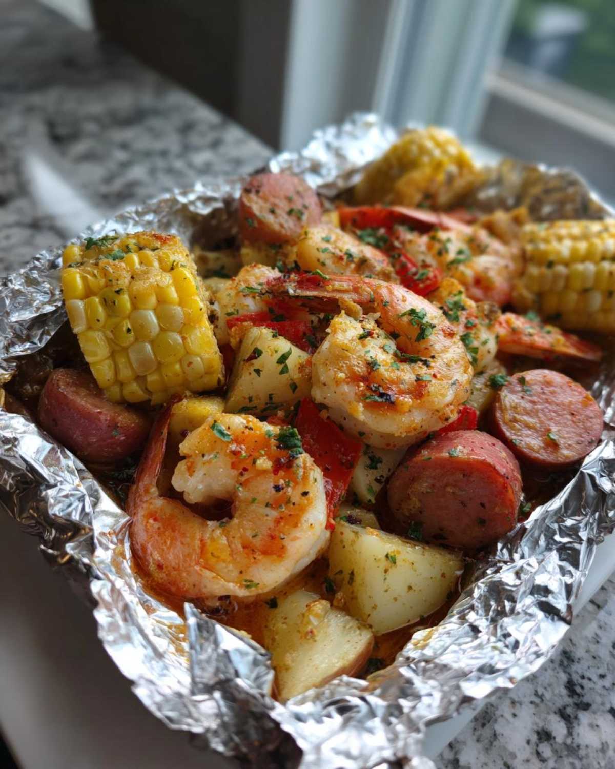 A close-up view of cooked shrimp, sausage, potatoes, and corn in a foil packet, representing Shrimp Boil Foil Packets.