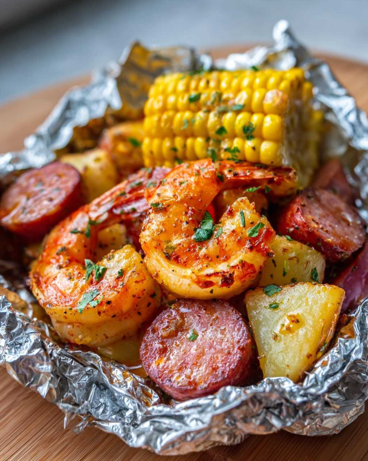 Close-up of cooked shrimp, sausage slices, corn on the cob, and potatoes inside a foil packet for Shrimp Boil Foil Packets.