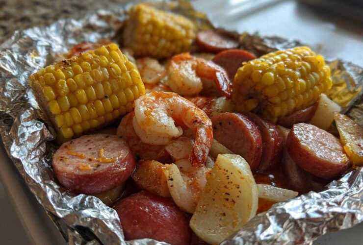 Close-up of cooked shrimp, sausage slices, corn on the cob, and potatoes inside a foil packet for Shrimp Boil Foil Packets.