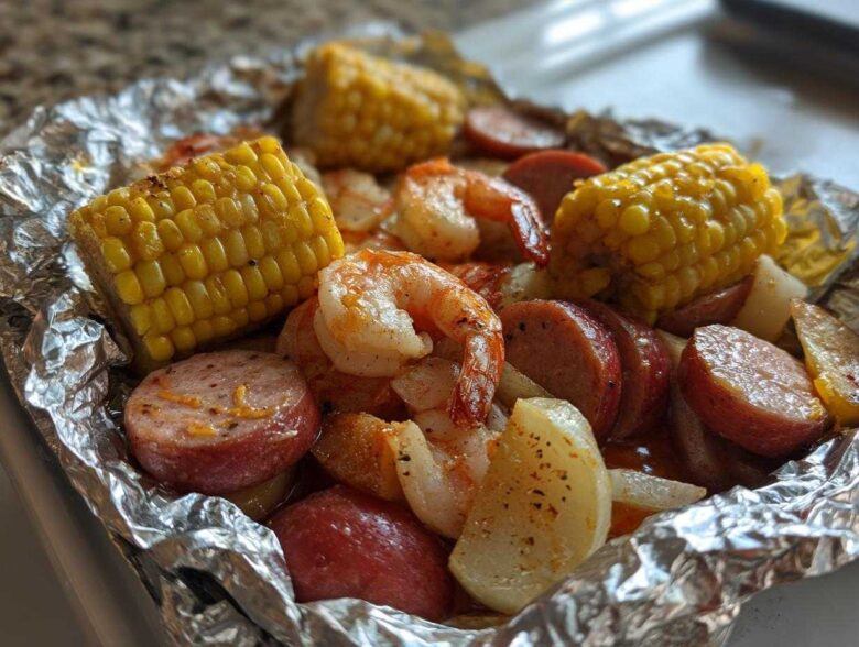 Close-up of cooked shrimp, sausage slices, corn on the cob, and potatoes inside a foil packet for Shrimp Boil Foil Packets.