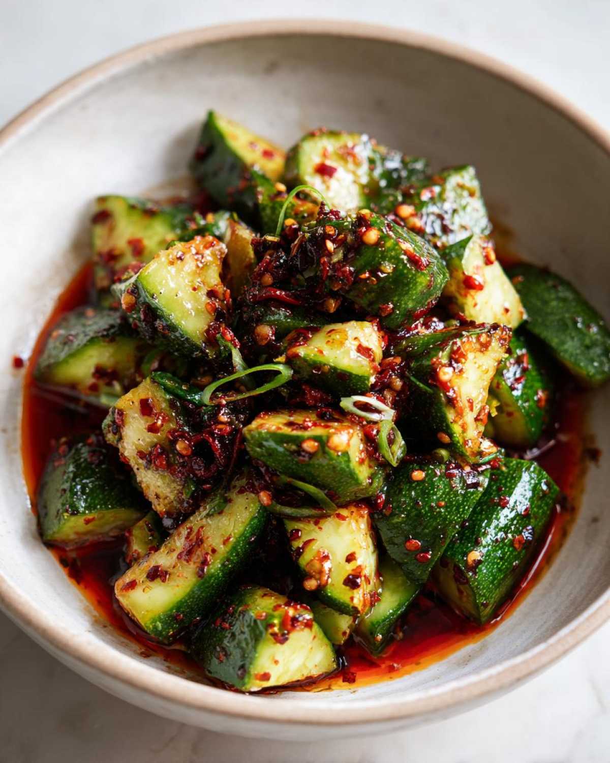 Close-up of smashed cucumber pieces coated in chili oil and spices for Sichuan Smash Cucumber Salad.