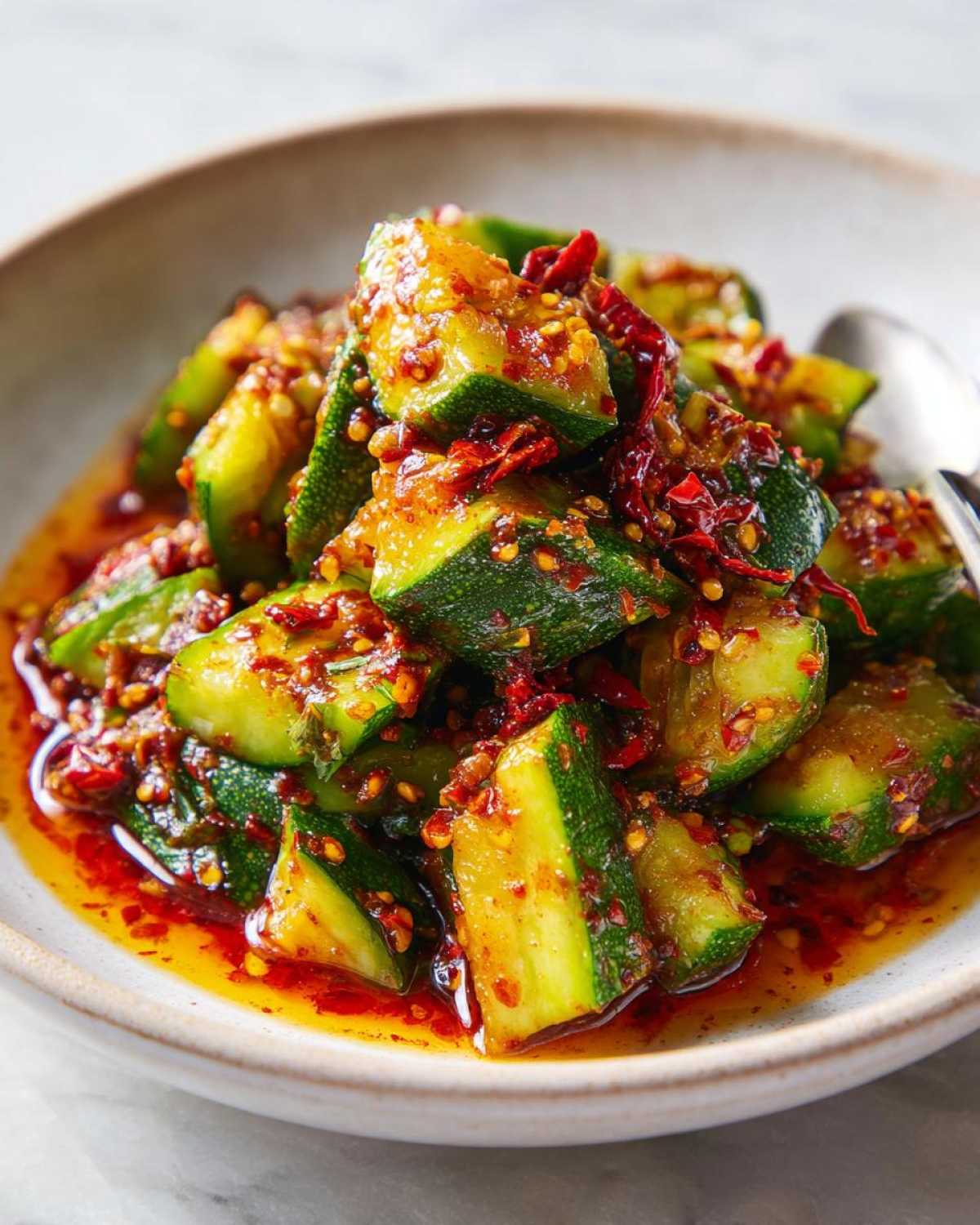 Close-up of vibrant Sichuan Smash Cucumber Salad pieces coated in spicy chili oil and flakes.