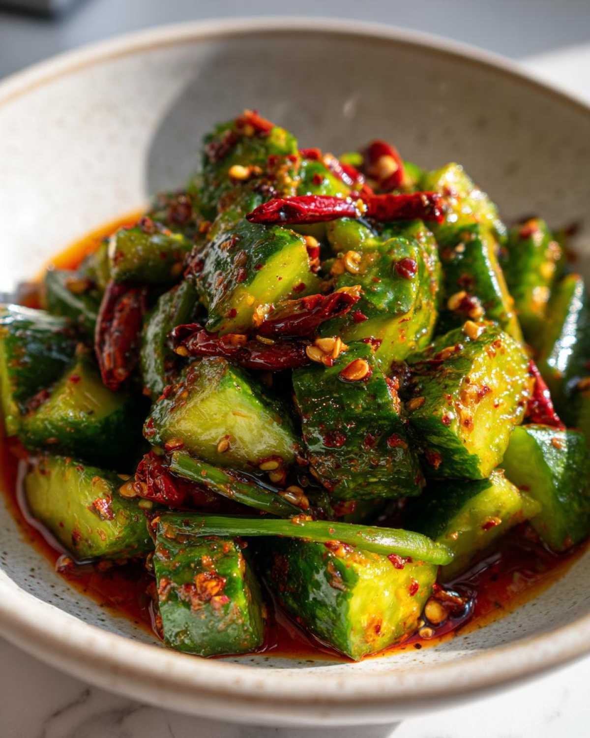 Close-up of smashed cucumbers coated in chili oil and spices, ready to serve as Sichuan Smash Cucumber Salad.