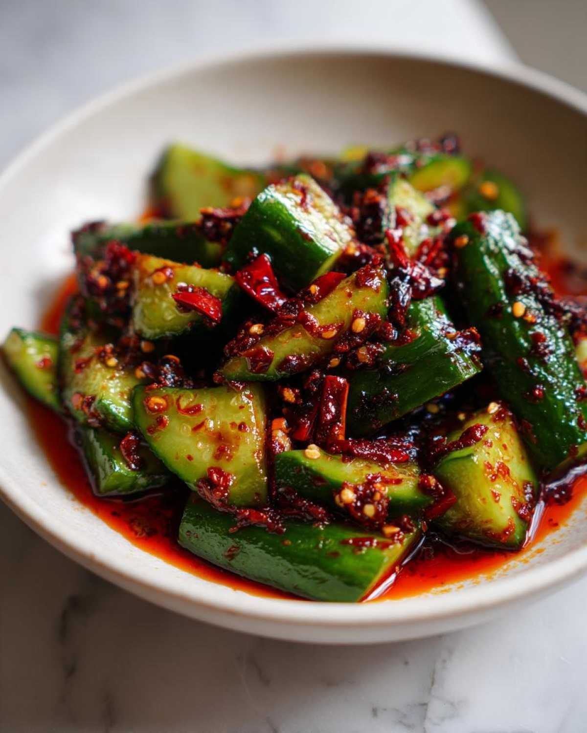 Close-up of bright green smashed cucumber pieces coated in fiery red chili oil and spices for Sichuan Smash Cucumber Salad.
