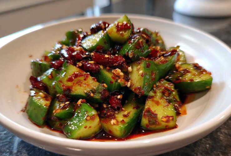 Close-up of vibrant green chunks in a Sichuan Smash Cucumber Salad, coated in spicy chili oil and sesame seeds.