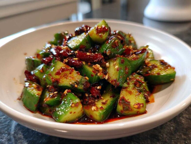 Close-up of vibrant green chunks in a Sichuan Smash Cucumber Salad, coated in spicy chili oil and sesame seeds.