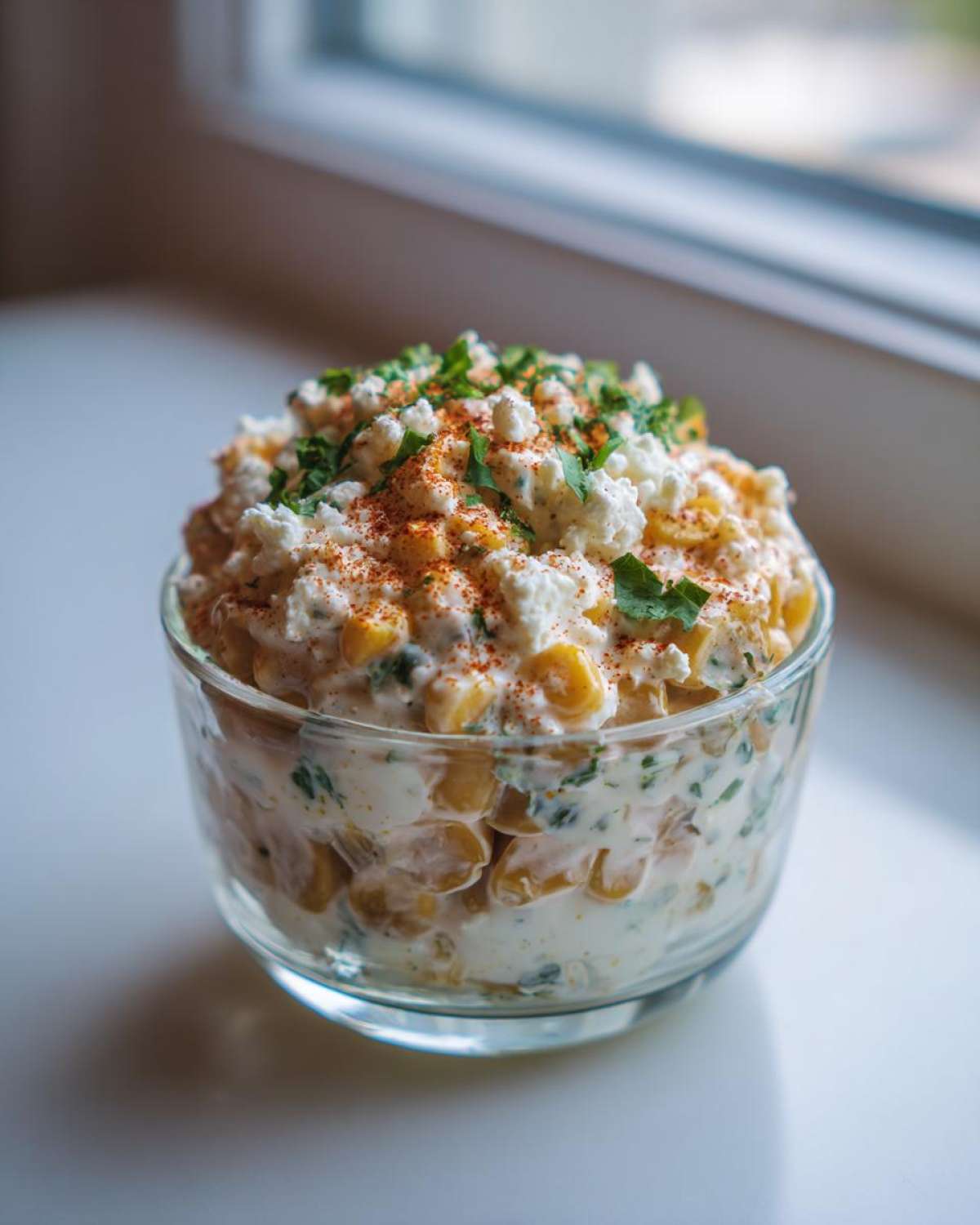 A close-up of creamy Esquites Cups with Cotija and Lime, topped with cheese crumbles and chili powder.