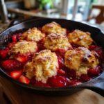 Close-up of a Skillet Strawberry Shortcake Biscuit Bake with golden biscuits nestled in bright red strawberries in a cast iron pan.