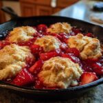 Close-up of a Skillet Strawberry Shortcake Biscuit Bake with golden biscuits nestled in bright red strawberry filling in a black cast iron pan.