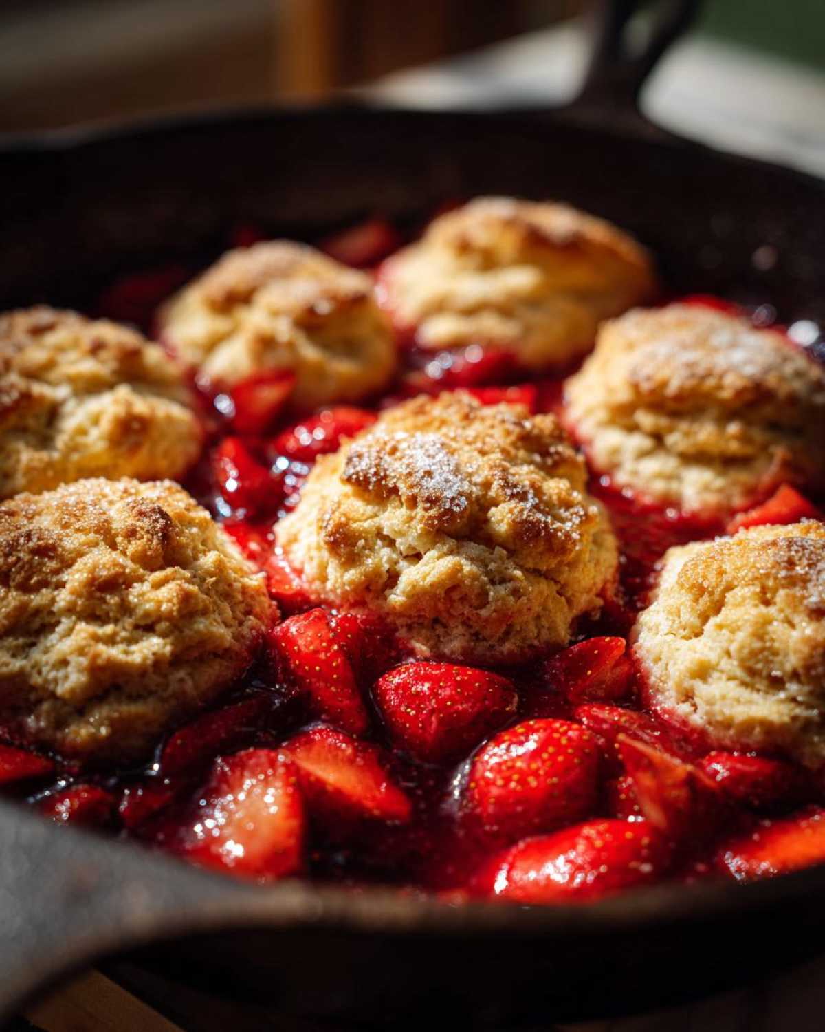 Close-up of golden biscuits baked atop juicy strawberries in a Skillet Strawberry Shortcake Biscuit Bake.