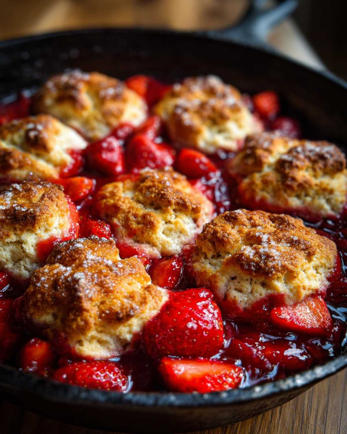 Close-up of Skillet Strawberry Shortcake Biscuit Bake with golden biscuits nestled in bright red strawberries in a cast iron pan.