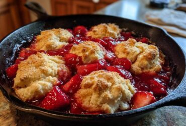 Close-up of a Skillet Strawberry Shortcake Biscuit Bake with golden biscuits nestled in bright red strawberry filling in a black cast iron pan.