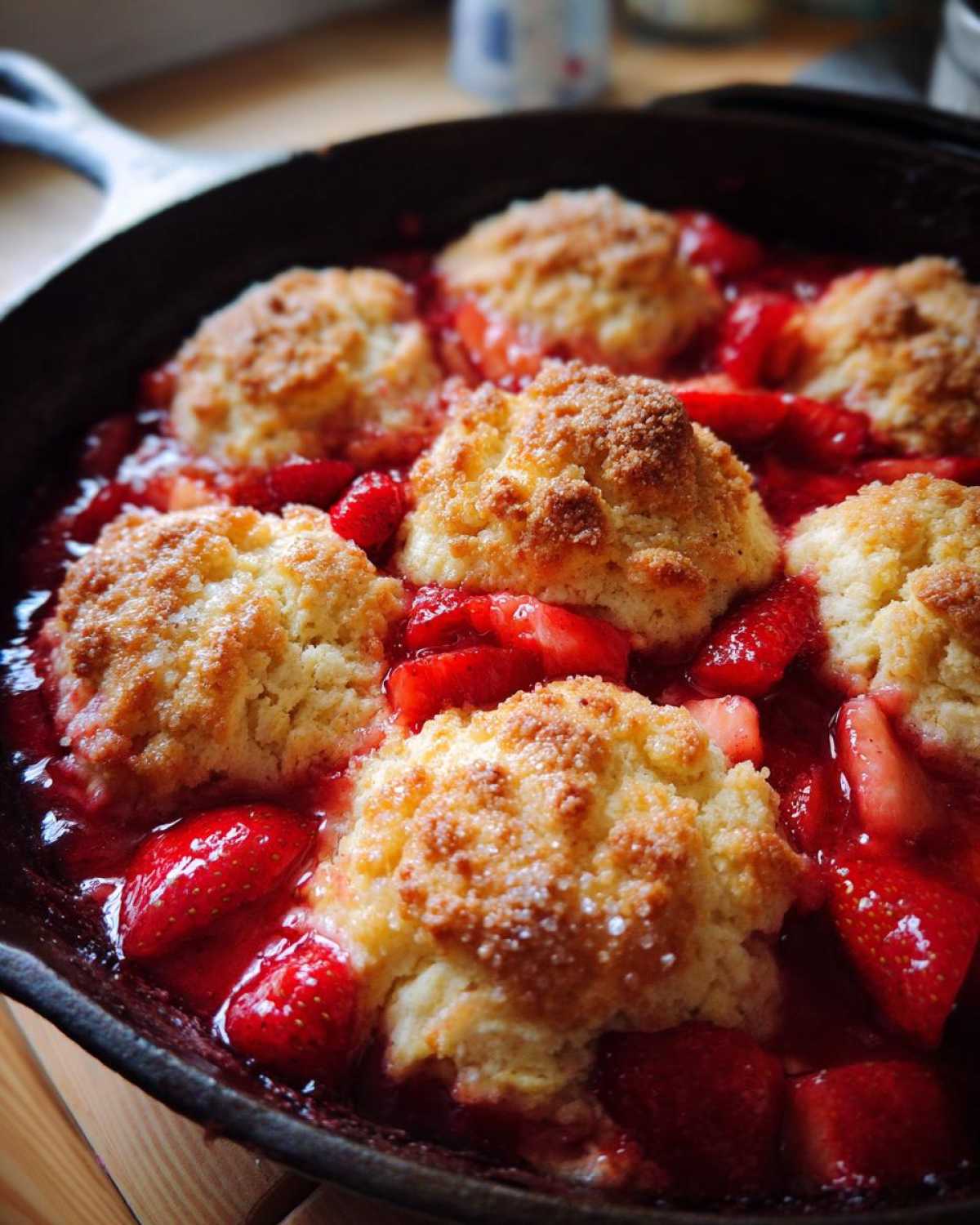 Close-up of Skillet Strawberry Shortcake Biscuit Bake with golden biscuits nestled in bright red strawberry filling in a cast iron pan.