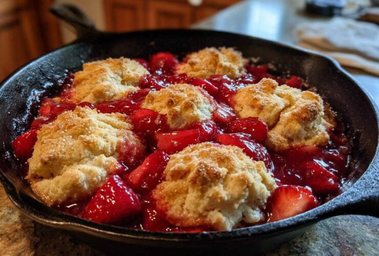 Close-up of a Skillet Strawberry Shortcake Biscuit Bake with golden biscuits nestled in bright red strawberry filling in a black cast iron pan.
