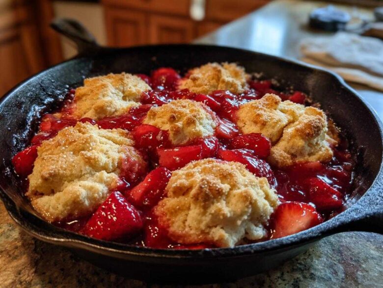 Close-up of a Skillet Strawberry Shortcake Biscuit Bake with golden biscuits nestled in bright red strawberry filling in a black cast iron pan.