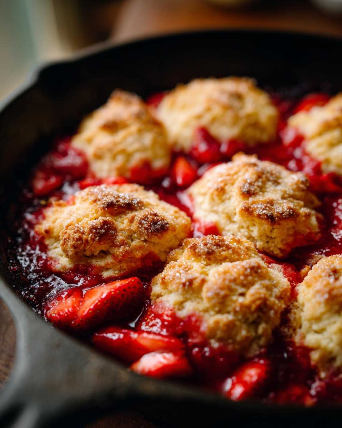 Close-up of golden biscuit tops baked over bubbling strawberries in a cast iron skillet for Skillet Strawberry Shortcake Biscuit Bake.