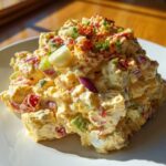A scoop of creamy Smoked Paprika Potato Salad mixed with eggs, red onion, and celery, topped with paprika and chives.