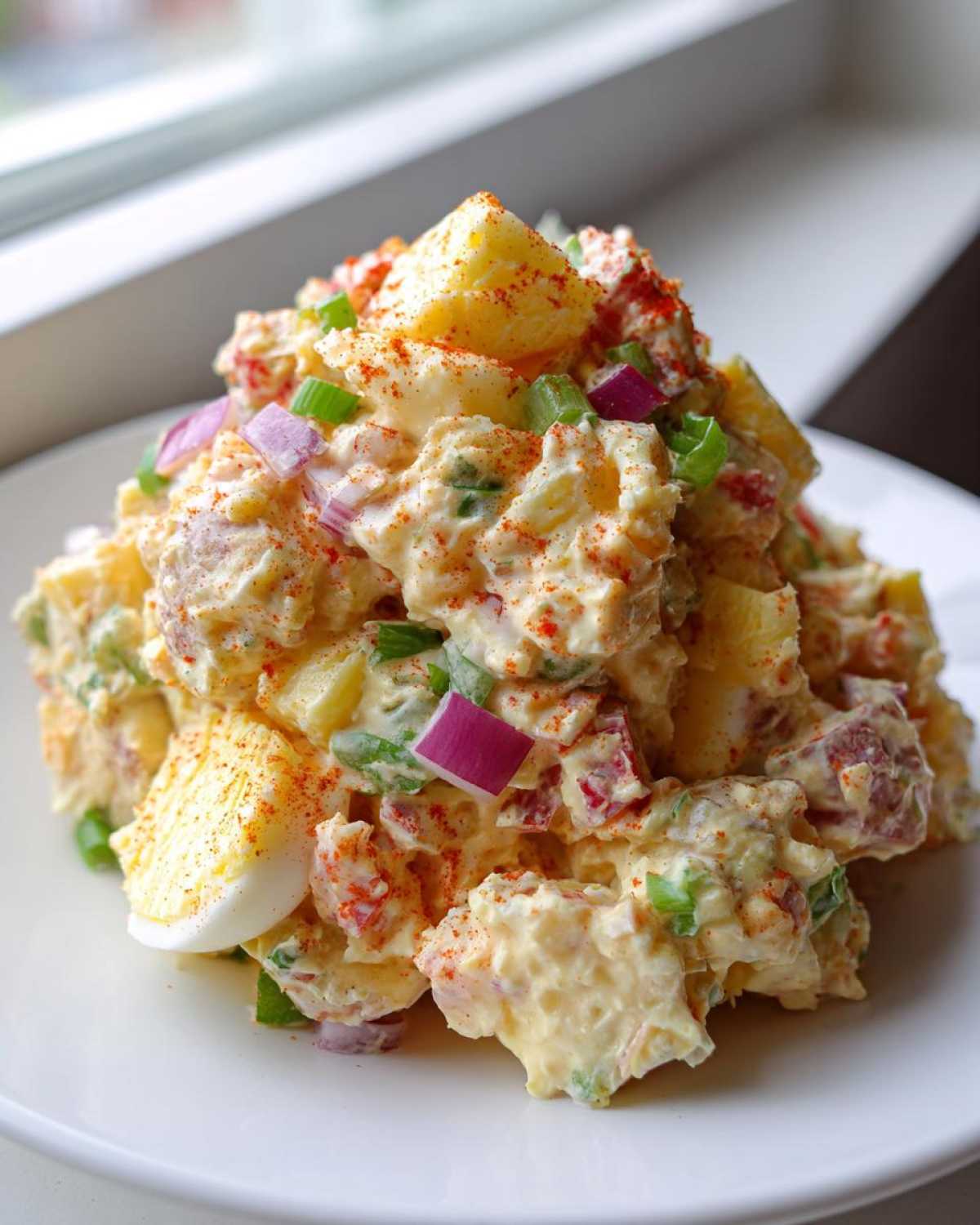 A mound of creamy Smoked Paprika Potato Salad topped with chopped red onion, green onions, and a dusting of paprika.