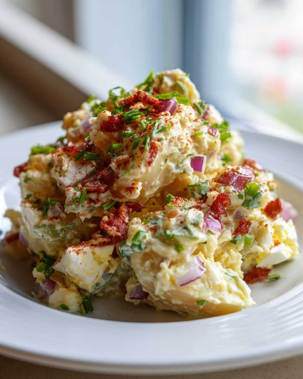 A close-up of a generous serving of Smoked Paprika Potato Salad topped with bacon bits, red onion, and chives on a white plate.