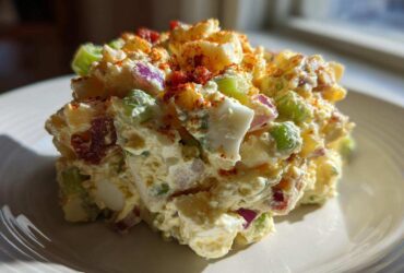 A mound of creamy Smoked Paprika Potato Salad featuring potatoes, celery, red onion, and egg, topped with paprika.