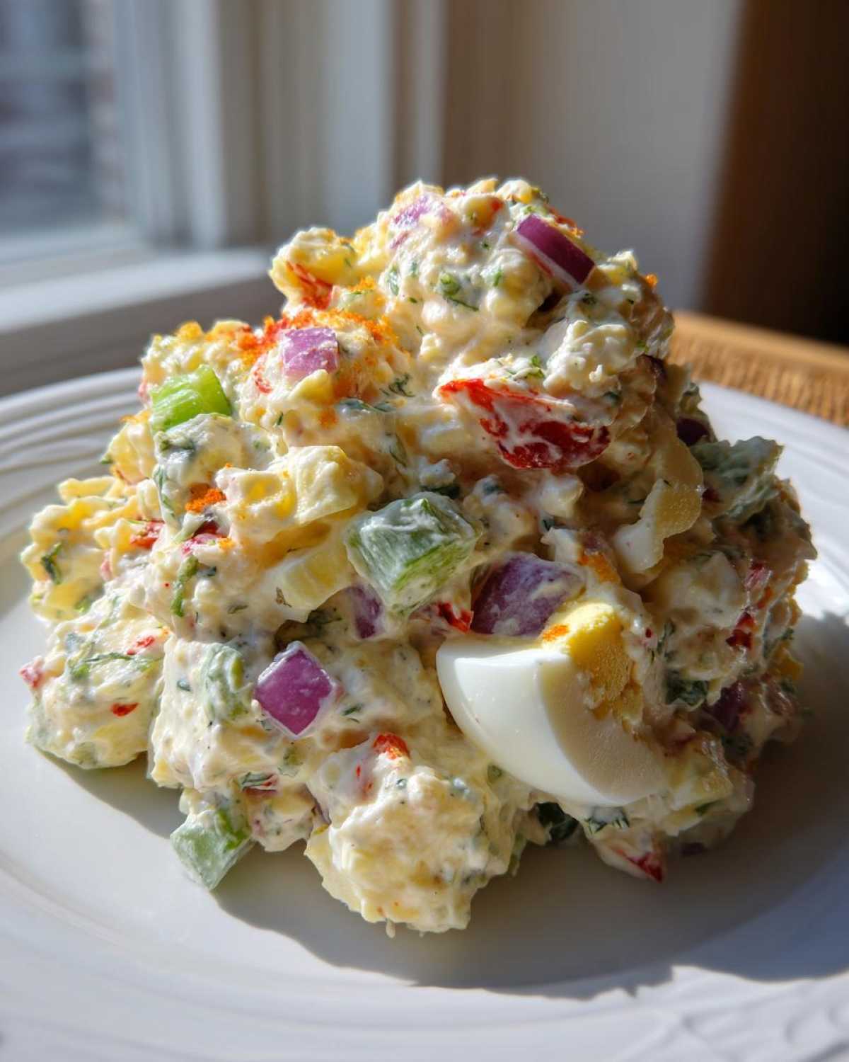 A generous mound of creamy Smoked Paprika Potato Salad featuring chunks of potato, red onion, egg, and sprinkled with paprika.