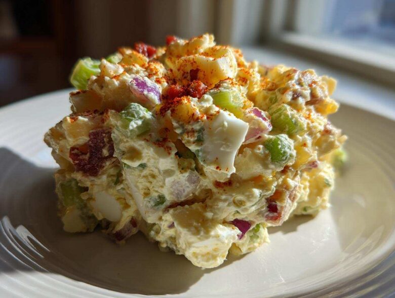 A mound of creamy Smoked Paprika Potato Salad featuring potatoes, celery, red onion, and egg, topped with paprika.