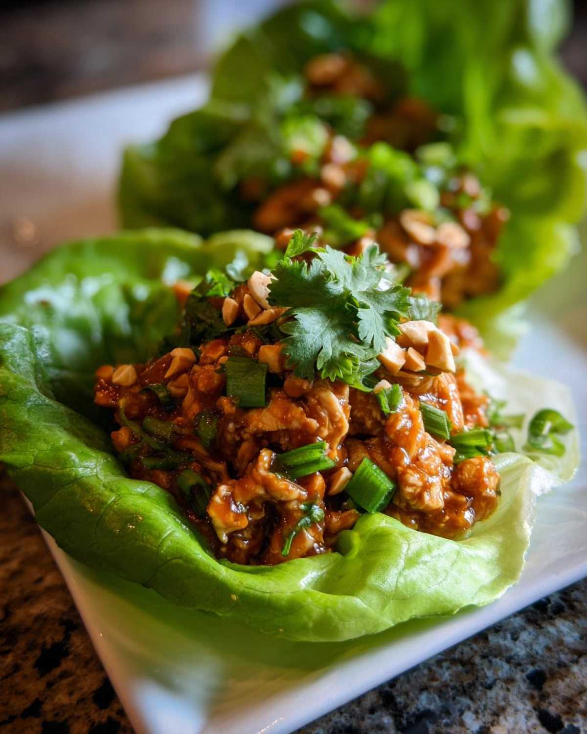 Close-up of Spicy Peanut Chicken Lettuce Cups filled with saucy chicken, topped with peanuts and cilantro.