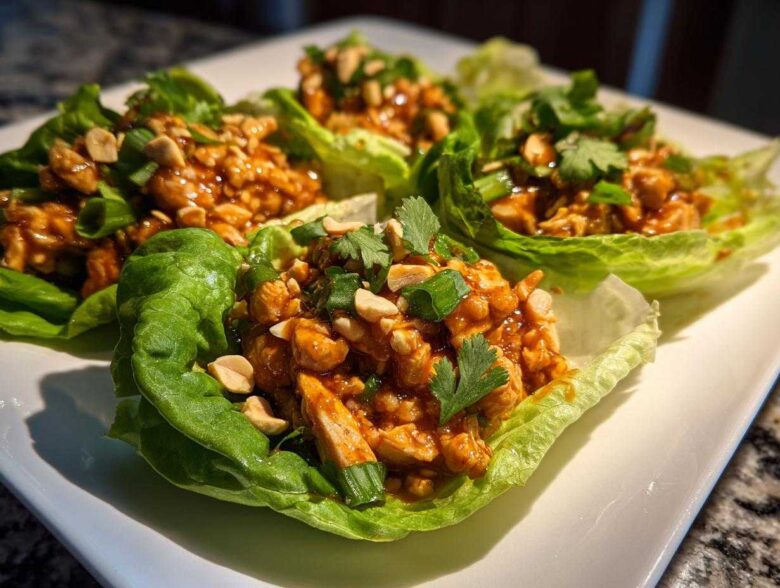 Close-up of three servings of Spicy Peanut Chicken Lettuce Cups garnished with chopped peanuts and cilantro.