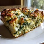 A close-up of a hearty slice of Spinach Artichoke Brunch Strata on a white plate, showing cheesy, baked bread and greens.
