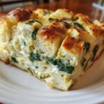 A close-up of a single serving slice of Spinach Artichoke Brunch Strata on a white plate.