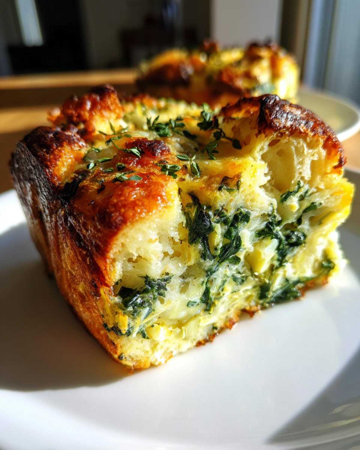 Close-up of a golden-brown slice of Spinach Artichoke Brunch Strata, showing spinach and artichoke pieces baked into the bread.