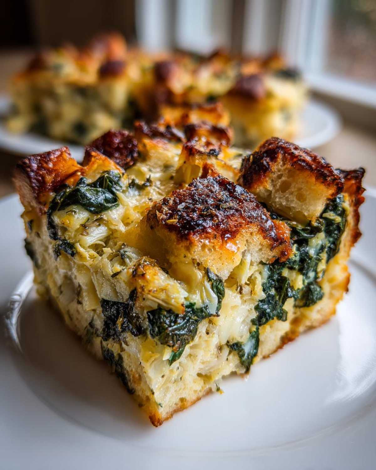A close-up serving of Spinach Artichoke Brunch Strata on a white plate, showing the creamy interior and golden, crispy bread cubes.