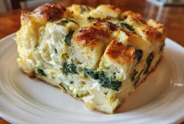 A close-up of a single serving slice of Spinach Artichoke Brunch Strata on a white plate.