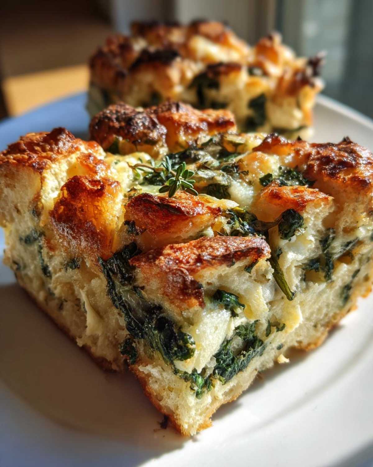 Close-up of a golden-brown slice of Spinach Artichoke Brunch Strata showing rich spinach and cheese filling.