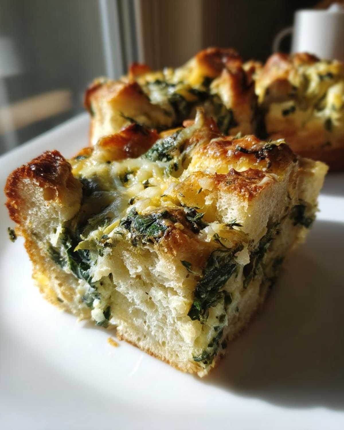 Close-up of a square serving of Spinach Artichoke Brunch Strata showing layers of bread, spinach, and melted cheese.