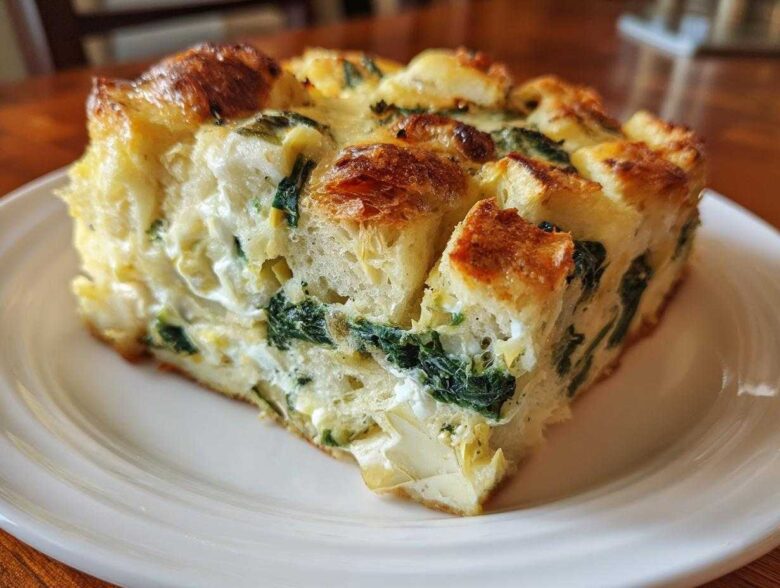 A close-up of a single serving slice of Spinach Artichoke Brunch Strata on a white plate.
