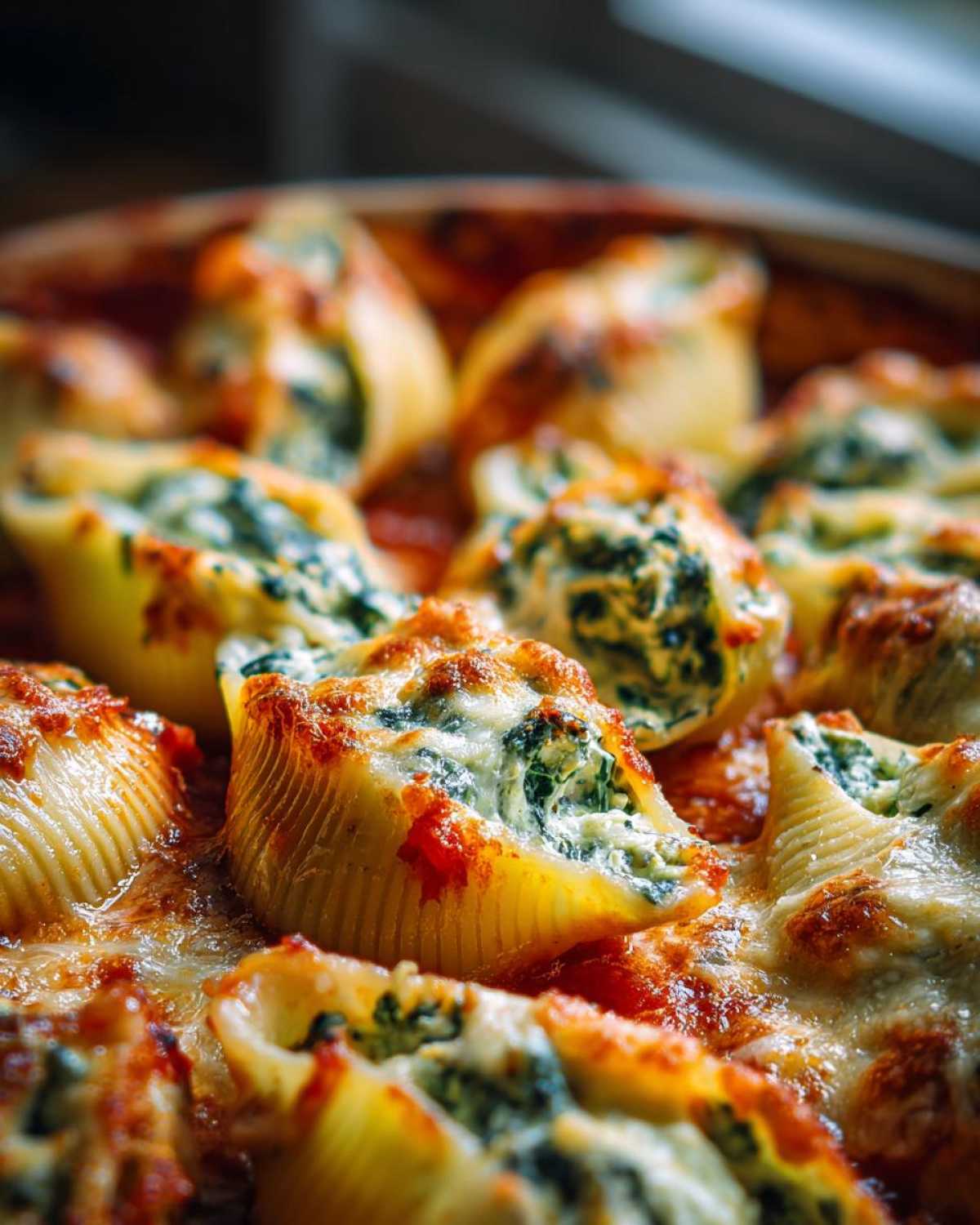 Close-up of baked Spinach Ricotta Stuffed Shells bubbling in tomato sauce with golden, melted cheese topping.