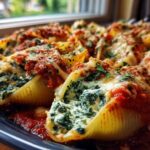A close-up of baked Spinach Ricotta Stuffed Shells covered in marinara sauce and melted cheese, garnished with parsley.