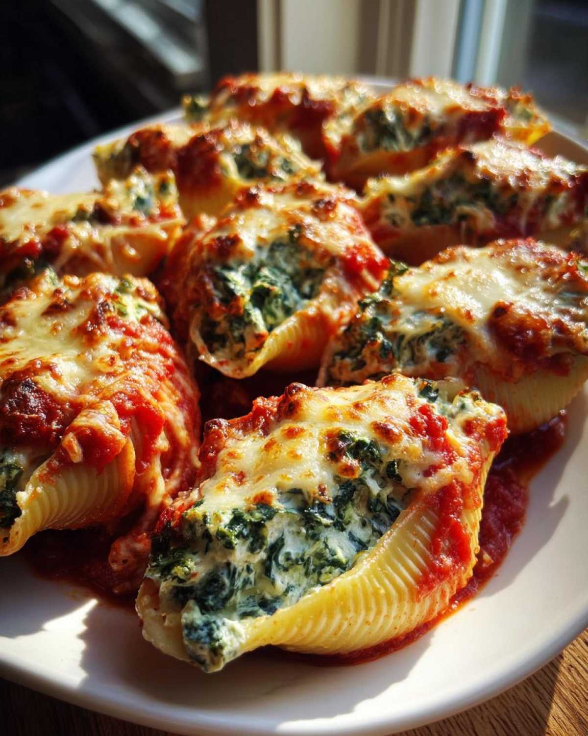 Close-up of baked Spinach Ricotta Stuffed Shells covered in marinara sauce and browned, melted mozzarella cheese.