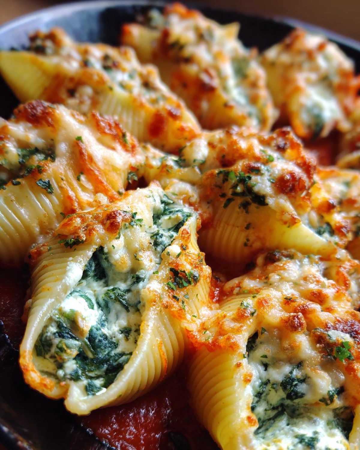 Close-up of baked Spinach Ricotta Stuffed Shells, showing creamy filling, melted cheese, and tomato sauce.
