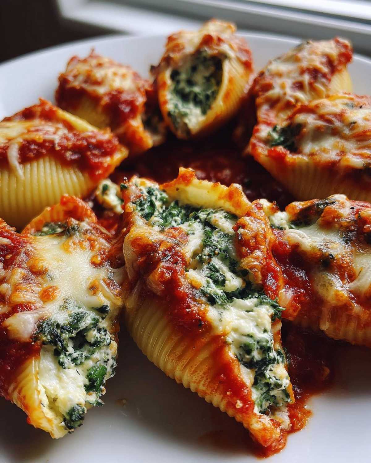 Close-up of baked Spinach Ricotta Stuffed Shells covered in marinara sauce and melted, bubbly cheese.