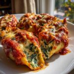 Close-up of baked Spinach Ricotta Stuffed Shells topped with marinara sauce and melted mozzarella cheese.