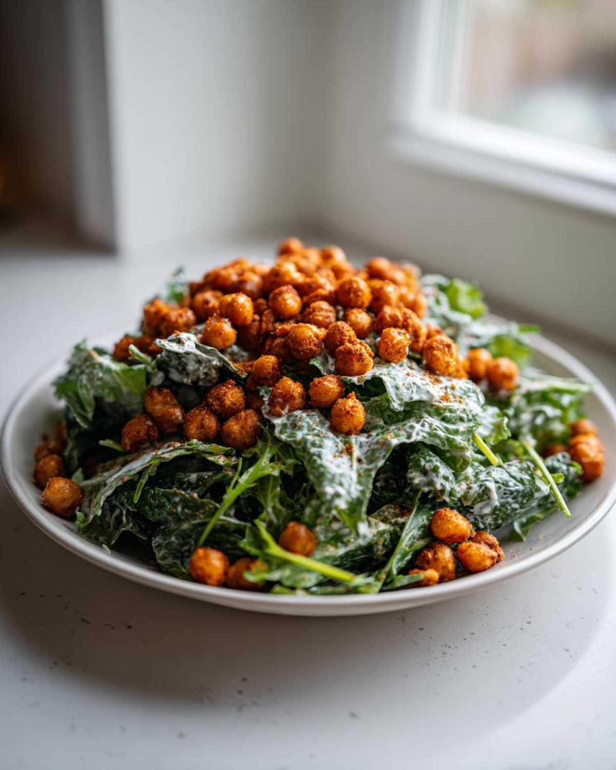 A plate of Spring Greens Caesar with Crispy Chickpeas, featuring dark greens tossed in creamy dressing and topped generously with spiced, crunchy chickpeas.