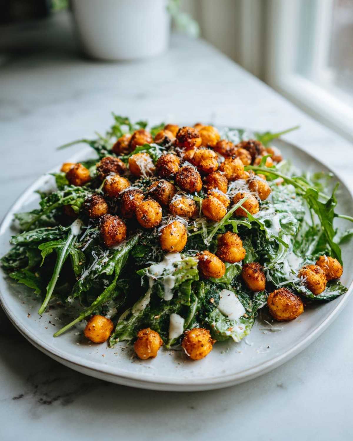 A plate of Spring Greens Caesar with Crispy Chickpeas, drizzled with dressing and topped with grated cheese.