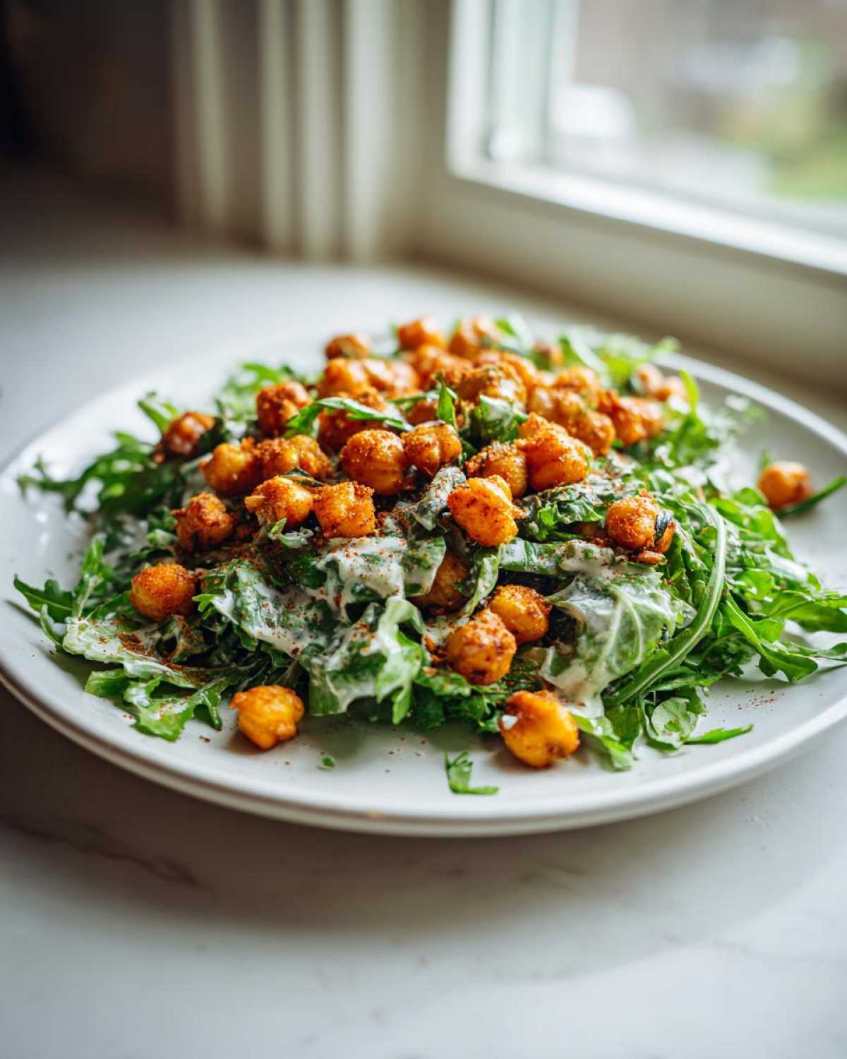 A plate of Spring Greens Caesar with Crispy Chickpeas, drizzled with creamy dressing and seasoning.