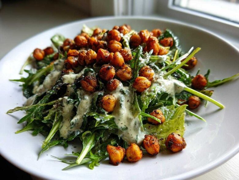 A vibrant Spring Greens Caesar with Crispy Chickpeas, drizzled with creamy dressing, served on a white plate.