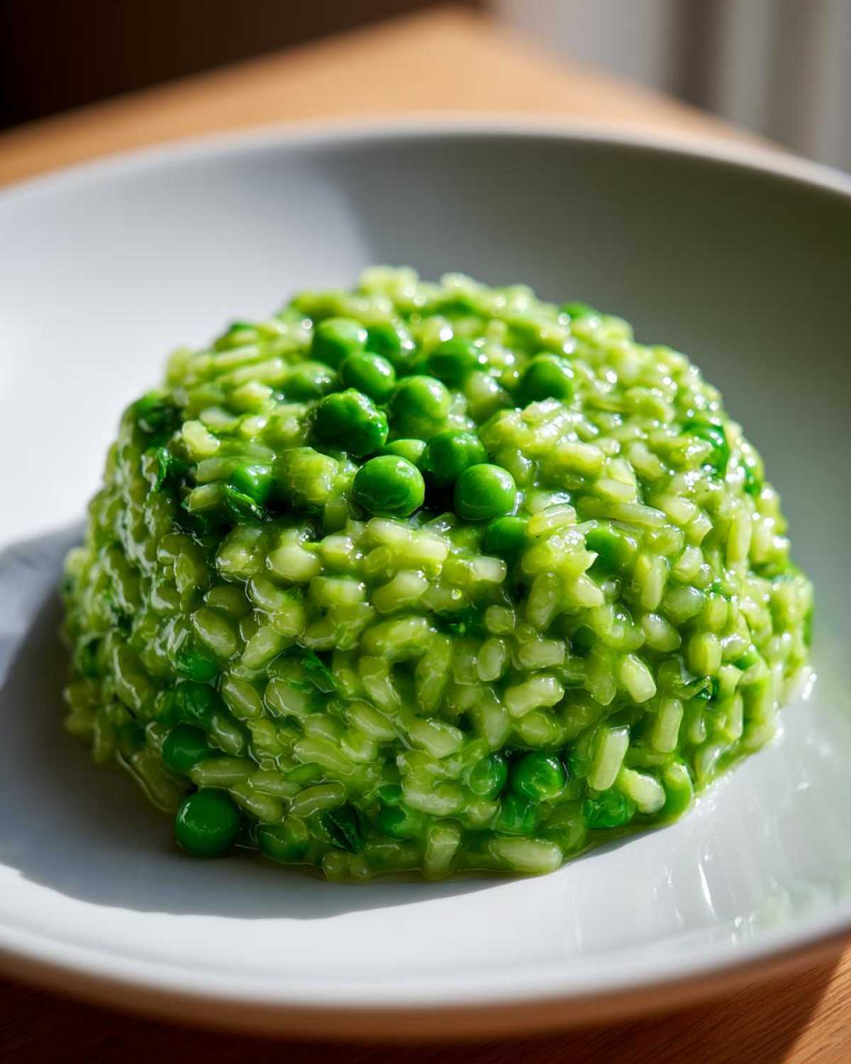 A perfectly molded serving of bright green Spring Pea Mint Risotto topped with whole peas on a white plate.