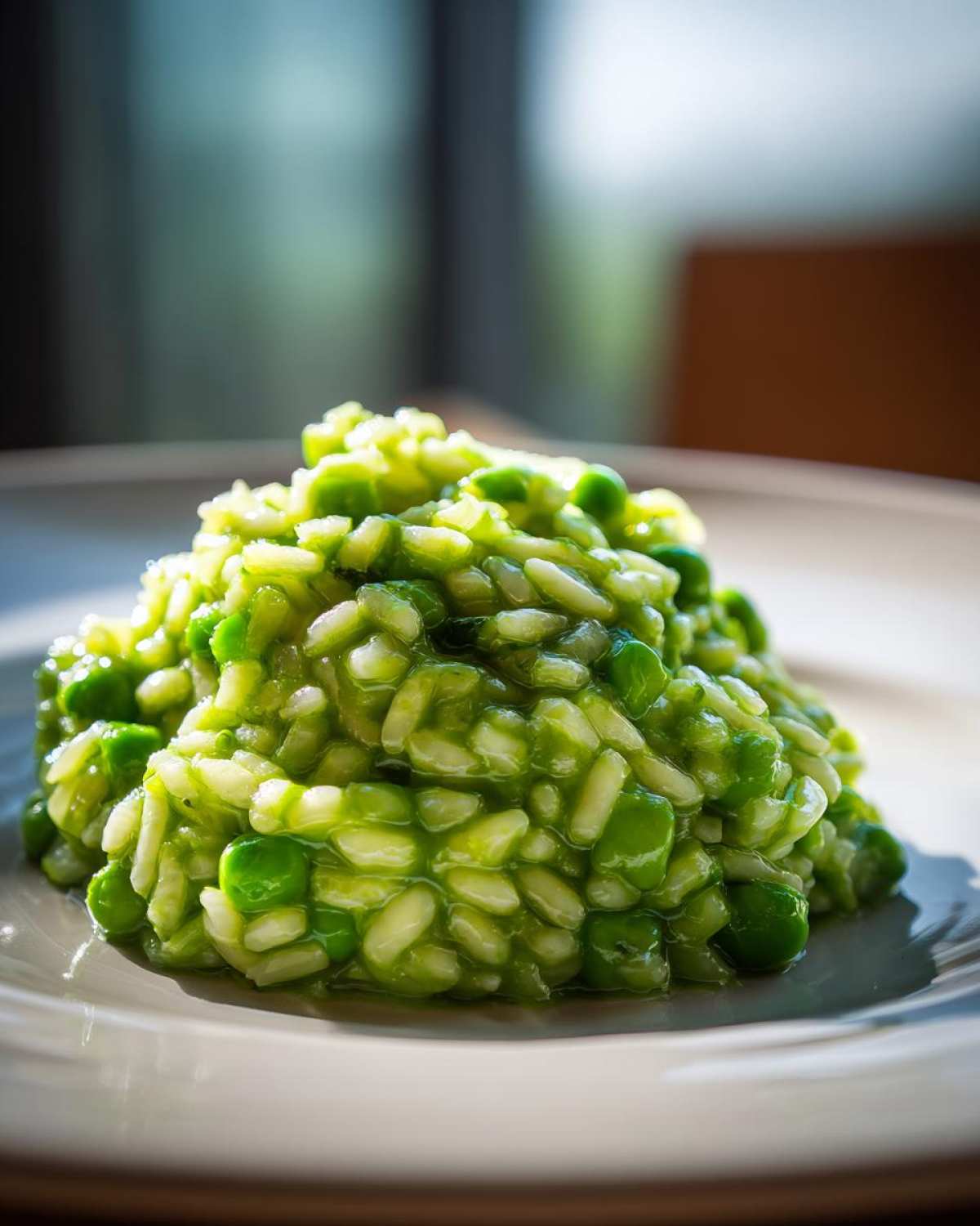A close-up of a mound of vibrant green Spring Pea Mint Risotto served on a light plate.